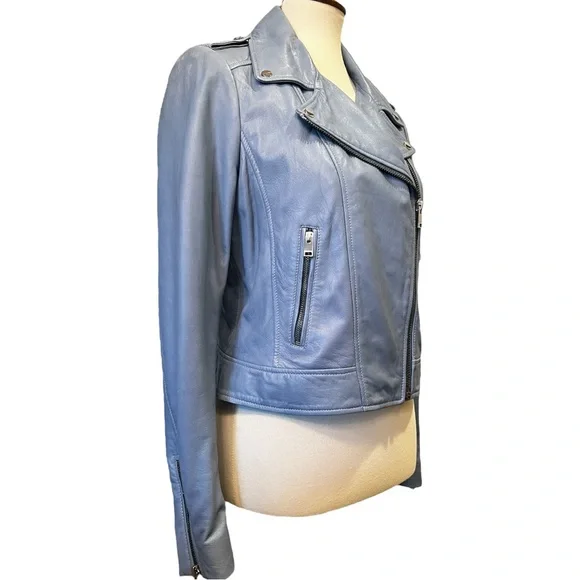 LAMARQUE Donna Blue Leather Moto Biker Jacket size Medium - Picture 6 of 11